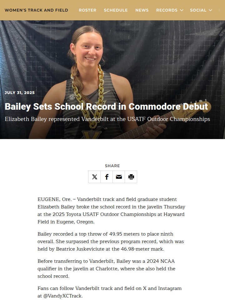 Bailey shatters Vanderbilt javelin record