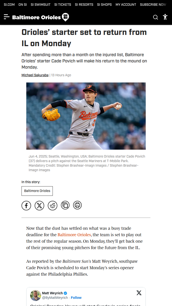 Cade Povich returns to Orioles’ rotation