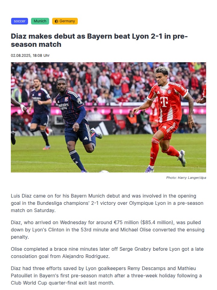 Diaz Impresses in Bayern vs Lyon Clash
