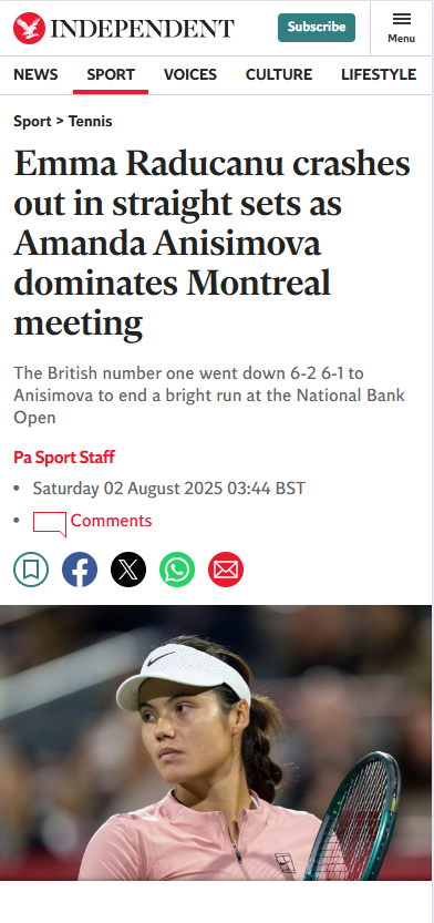 Anisimova Ends Raducanu’s Montreal Run