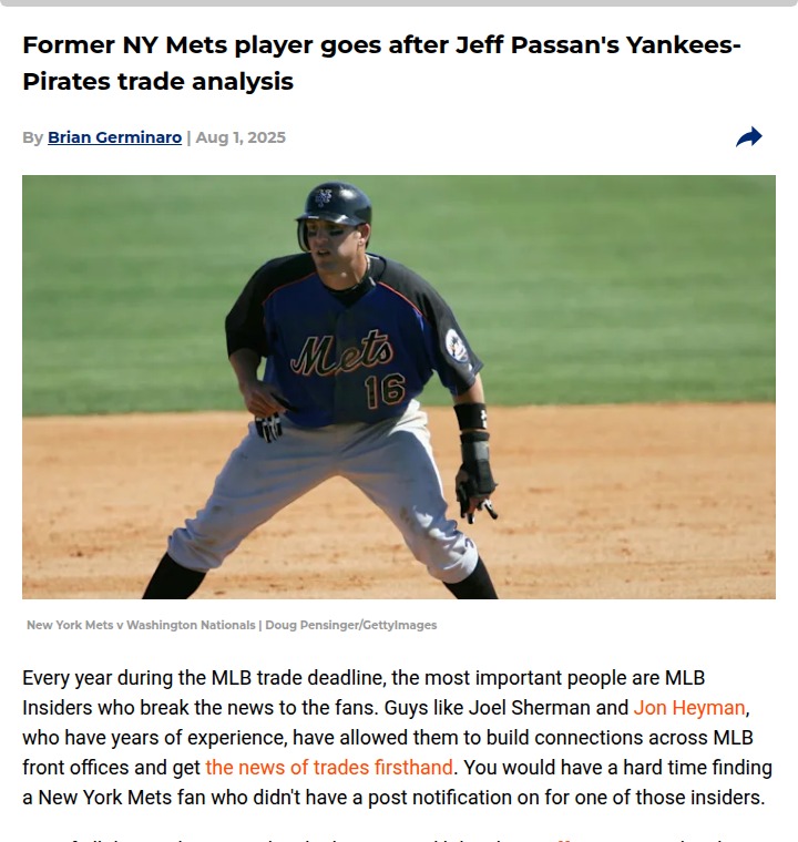 Mets Vet Claps Back at Passan's Yankees-Pirates Take