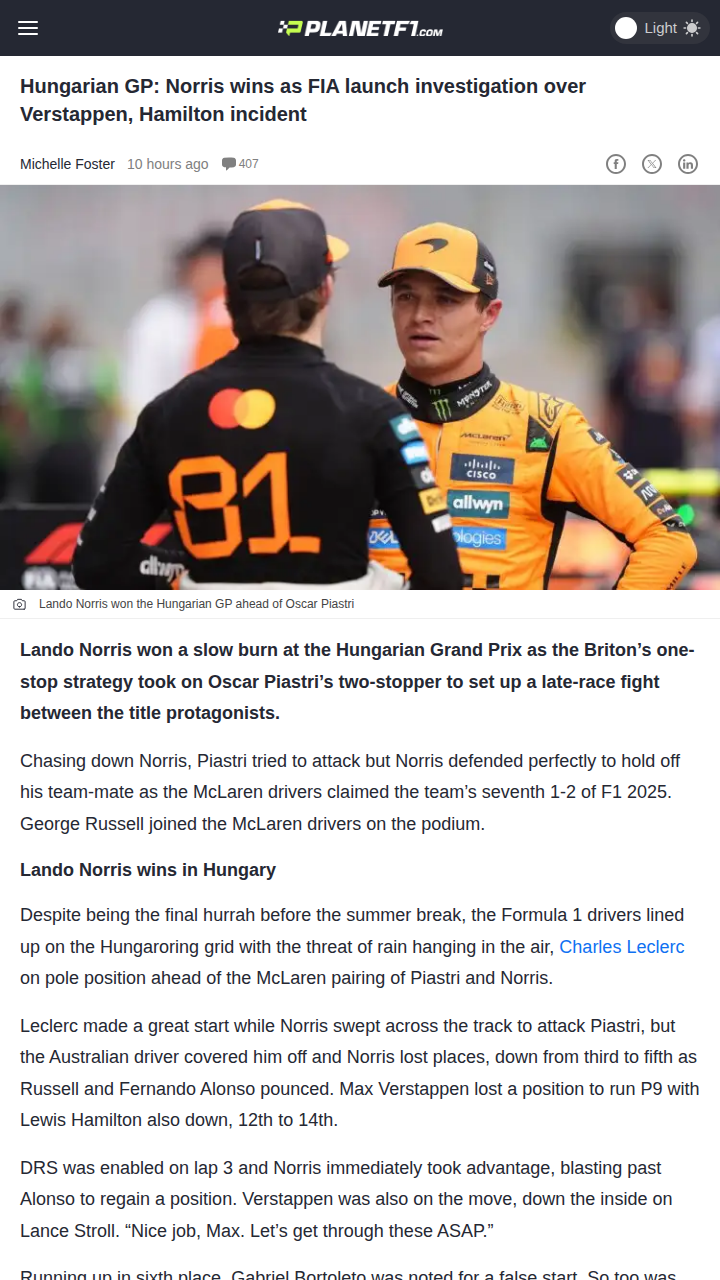 Norris Holds Off Piastri in Epic Hungarian GP