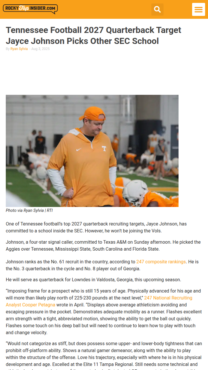 Tennessee loses top QB prospect to Texas A&M