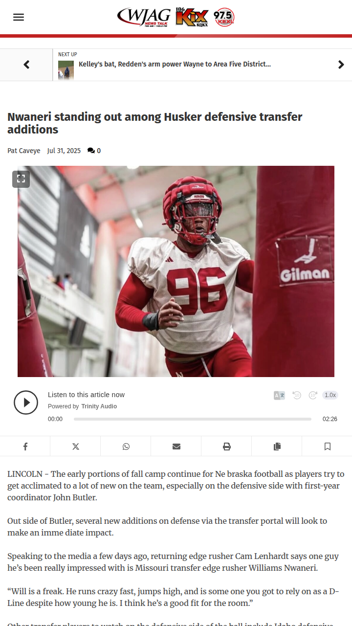 Nwaneri making waves in Huskers defense