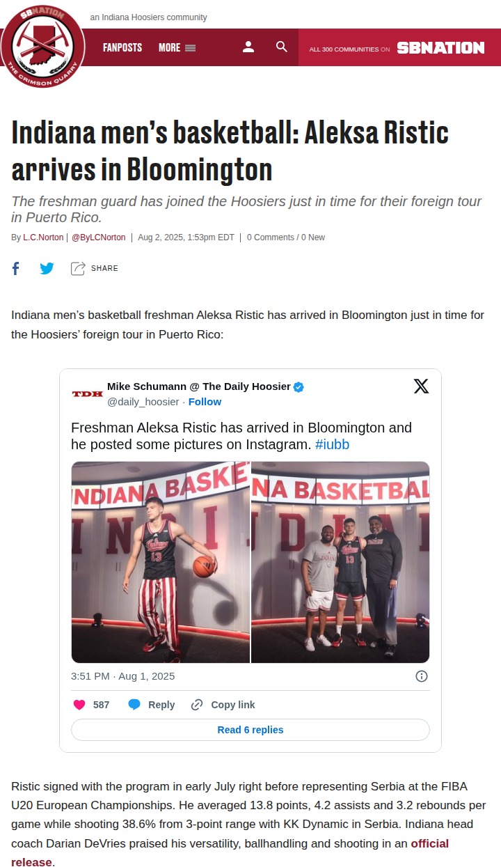 Aleksa Ristic joins Hoosiers just in time