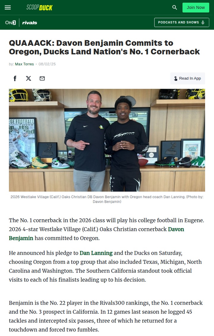 Ducks Nab Top CB: Benjamin Joins Oregon