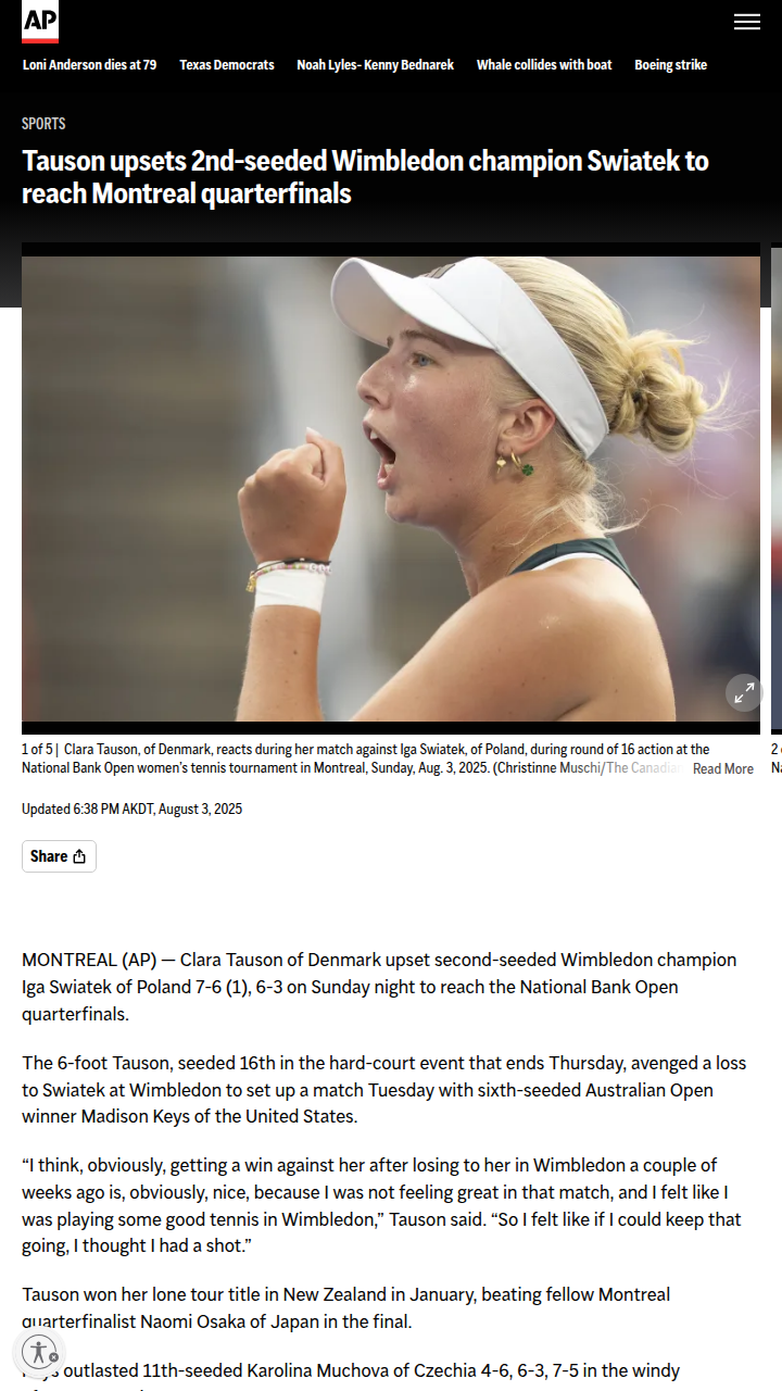 Tauson Stuns Swiatek in Montreal Showdown