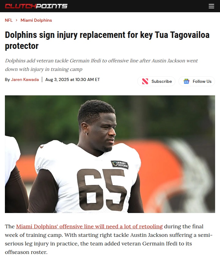 Dolphins O-Line Hit Again: Jackson Out
