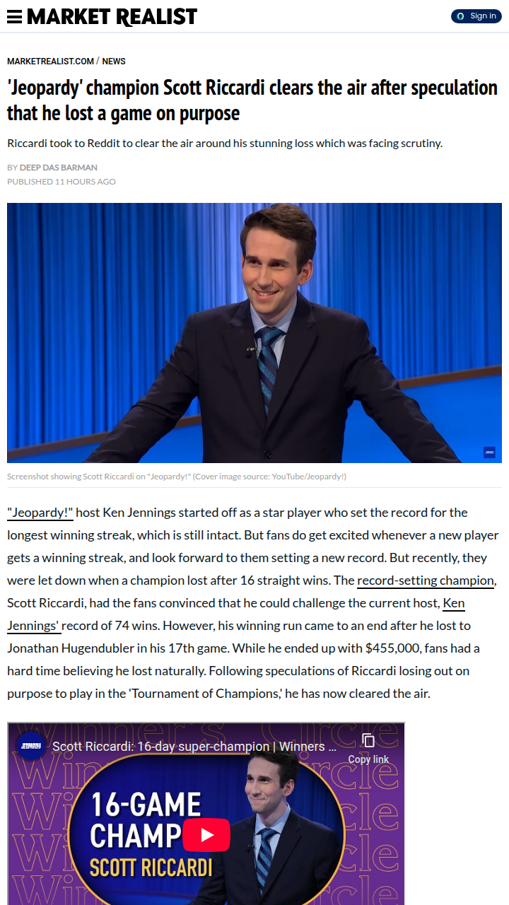 Did Riccardi Really Tank His Jeopardy Streak?