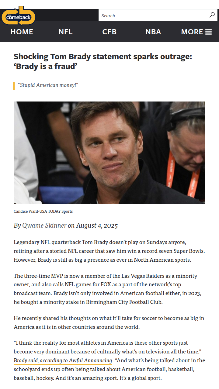 Brady’s Soccer Take Ignites Fan Backlash