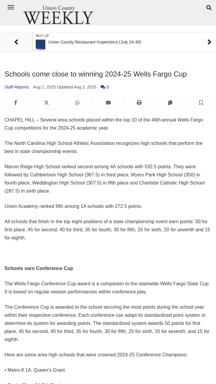 Local schools shine in Wells Fargo Cup race