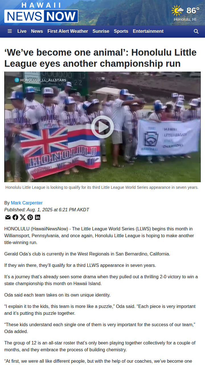 Honolulu Little League’s unity fuels title dreams