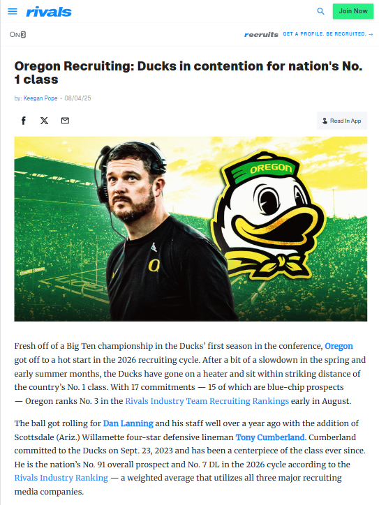 Ducks Surge in College Football Recruiting