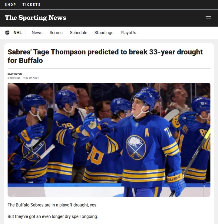 Will Tage Thompson break Buffalo’s 50-goal curse?