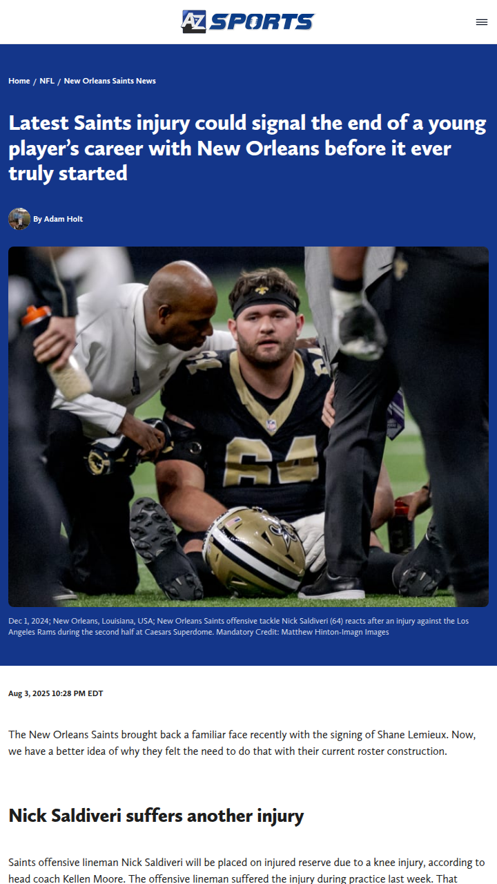 Saints’ O-line woes deepen as Saldiveri sidelined