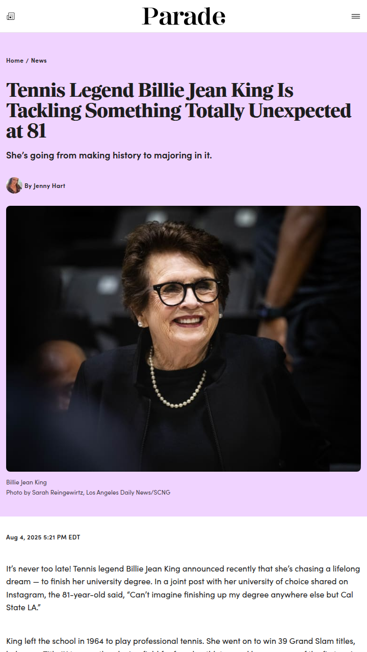 Billie Jean King’s New Rival: The College Degree