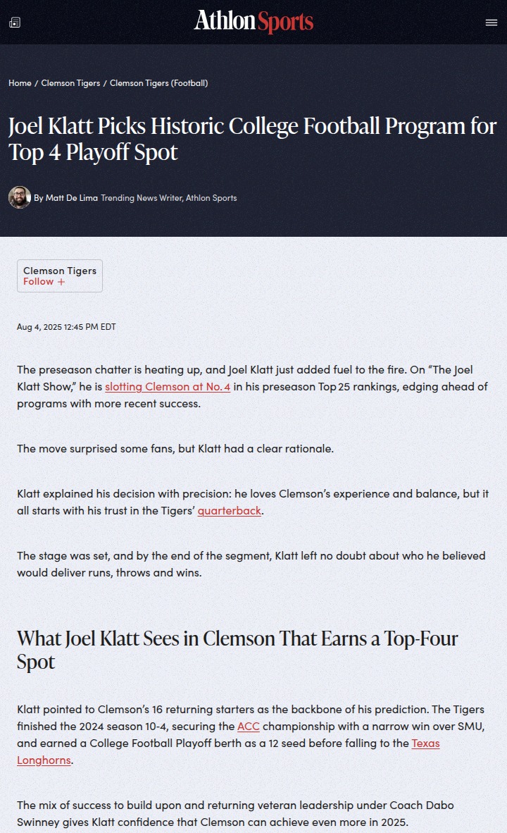 Klatt’s Bold Clemson Playoff Prediction