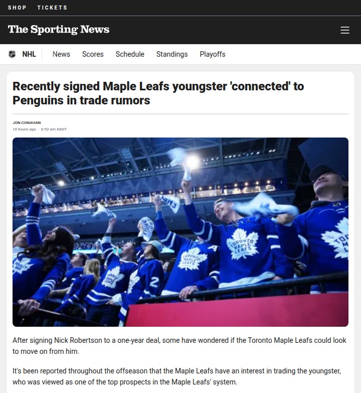 Leafs’ Nick Robertson Linked to Pens Trade?