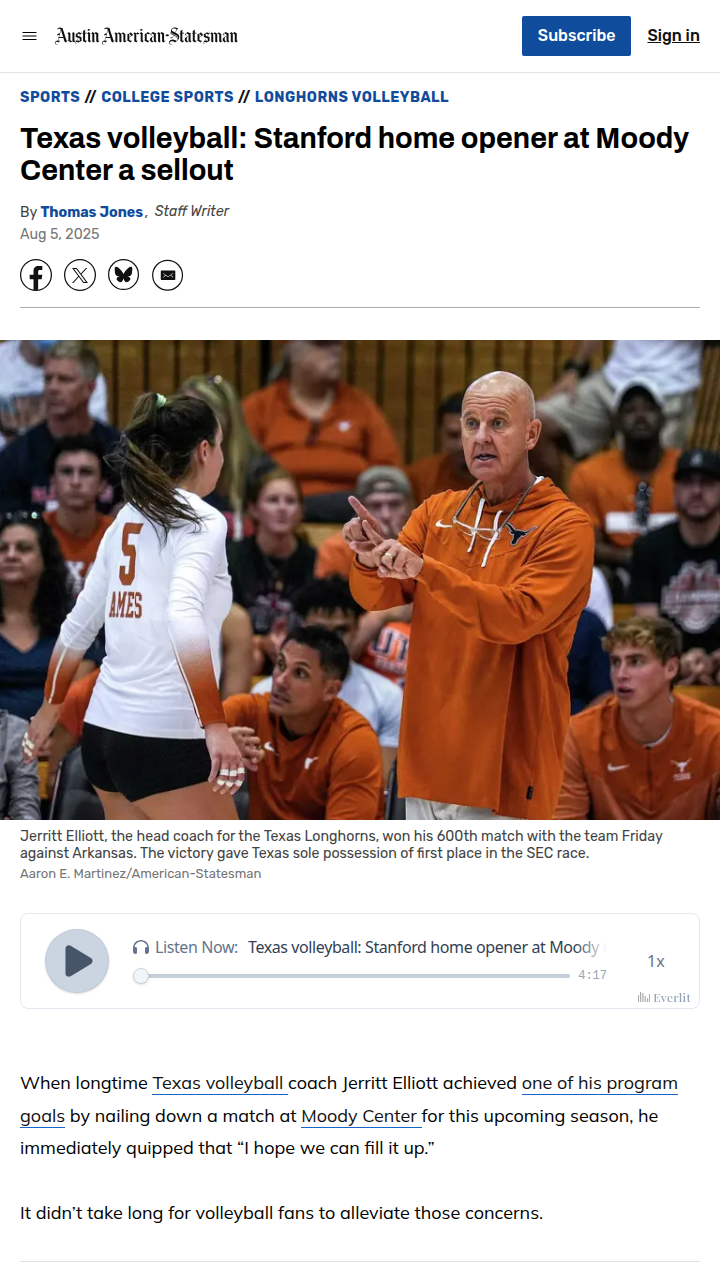 Texas volleyball sells out Moody Center