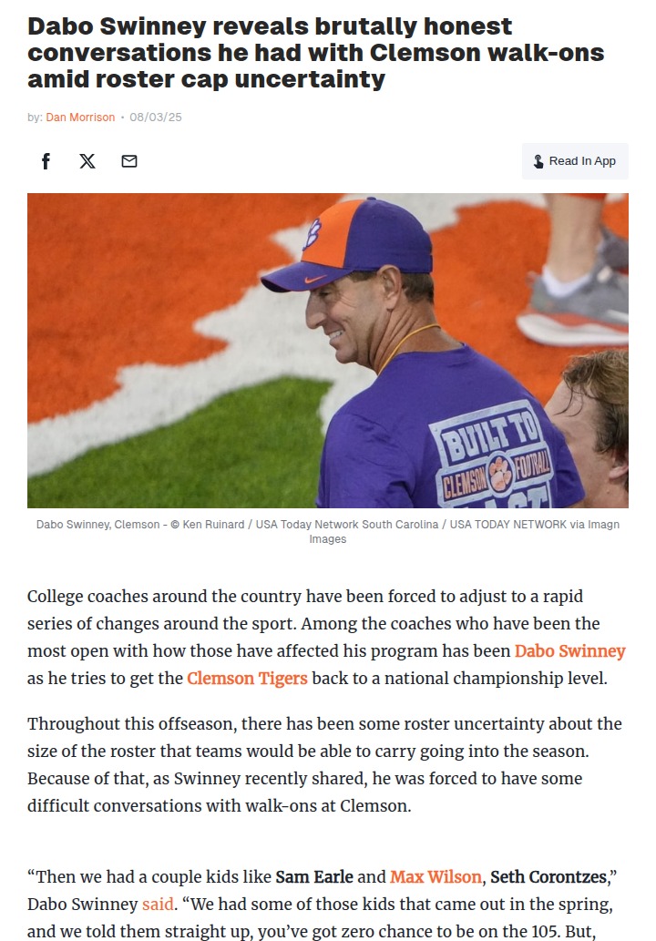 Dabo’s Tough Love: Walk-Ons Face Roster Reality