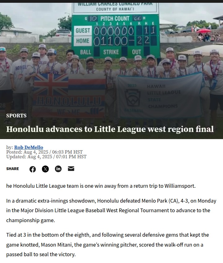 Honolulu’s Little League team is one win away!