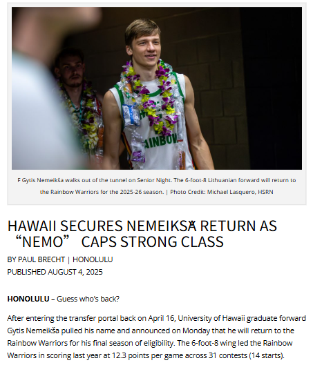 Nemeikša’s return gives Hawaii hoops a major boost