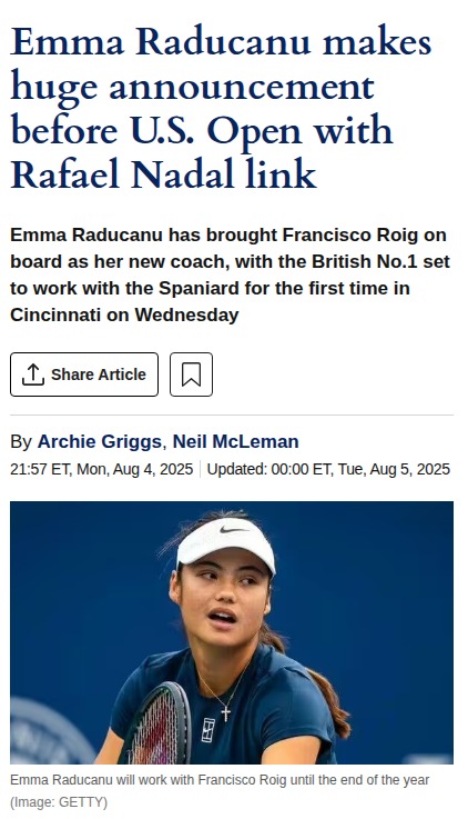 Raducanu Taps Nadal’s Ex-Coach for US Open