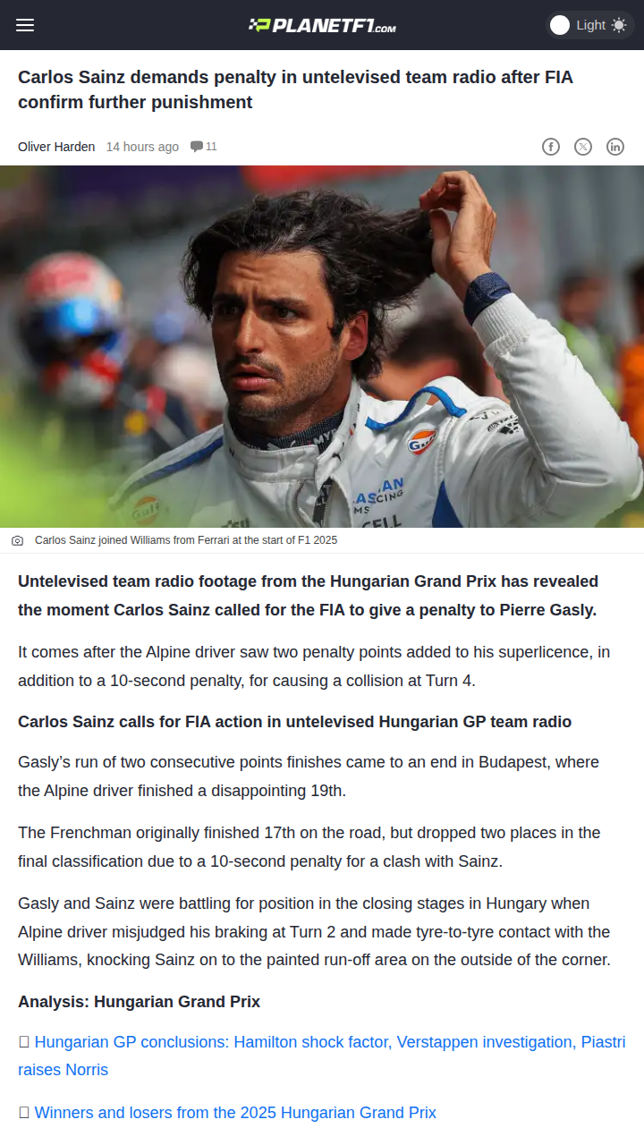 Sainz vs Gasly: Penalty Drama at Hungarian GP