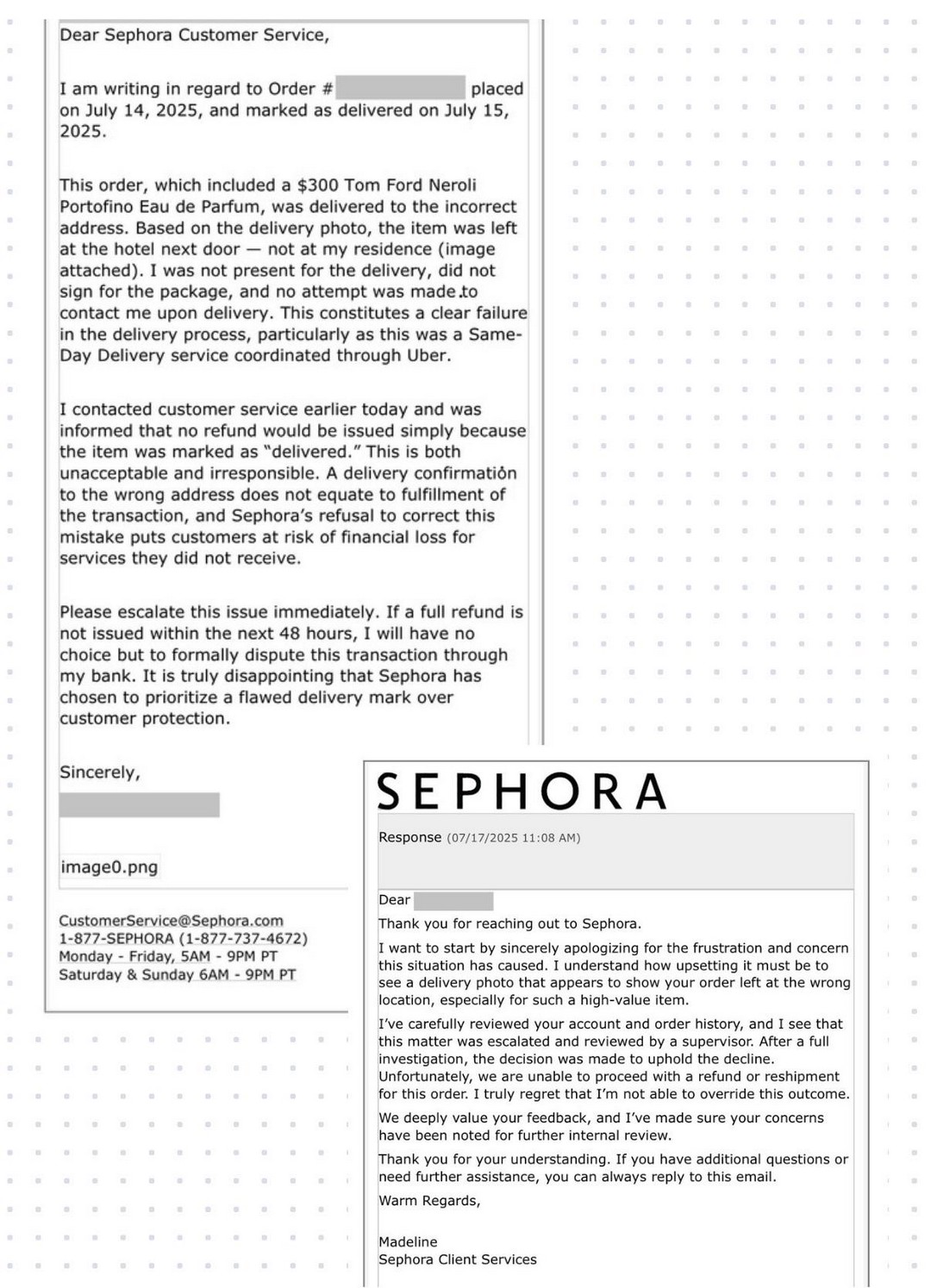 $300 perfume “delivered” to the wrong address and Sephora refuses refund 🙄