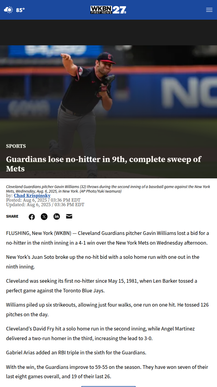 Gavin Williams’ No-Hit Bid Spoiled Late