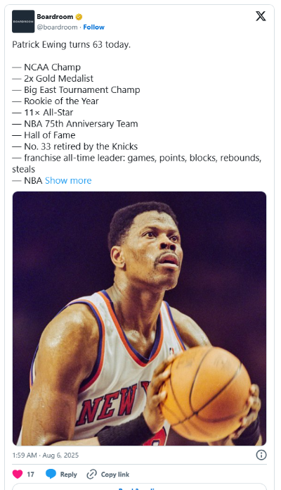 Knicks legend Patrick Ewing turns 63