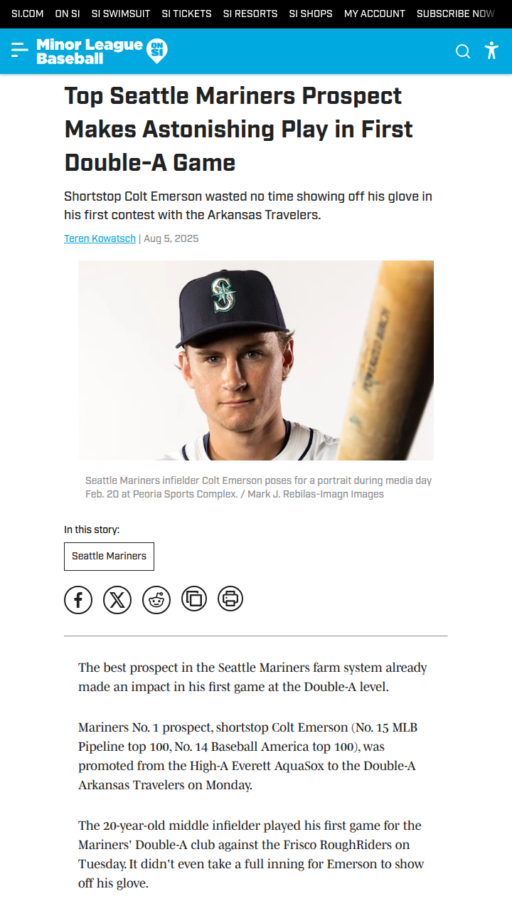Colt Emerson stuns in Mariners Double-A debut