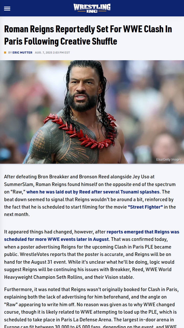 Big Dog Roman Reigns Heads to Paris Showdown