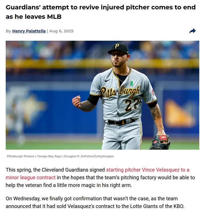 Guardians’ gamble on Velasquez ends with KBO move