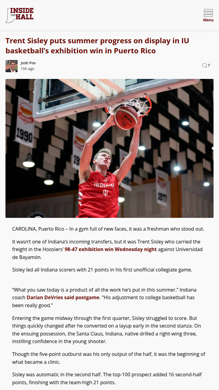 Freshman Trent Sisley turns heads for IU