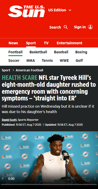 NFL Star Tyreek Hill’s Daughter Rushed to ER