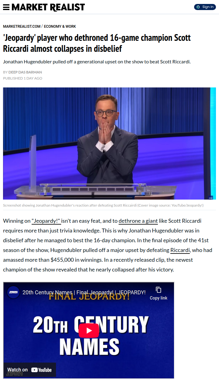 Jeopardy Giant Killer: Hugendubler Shocks Riccardi