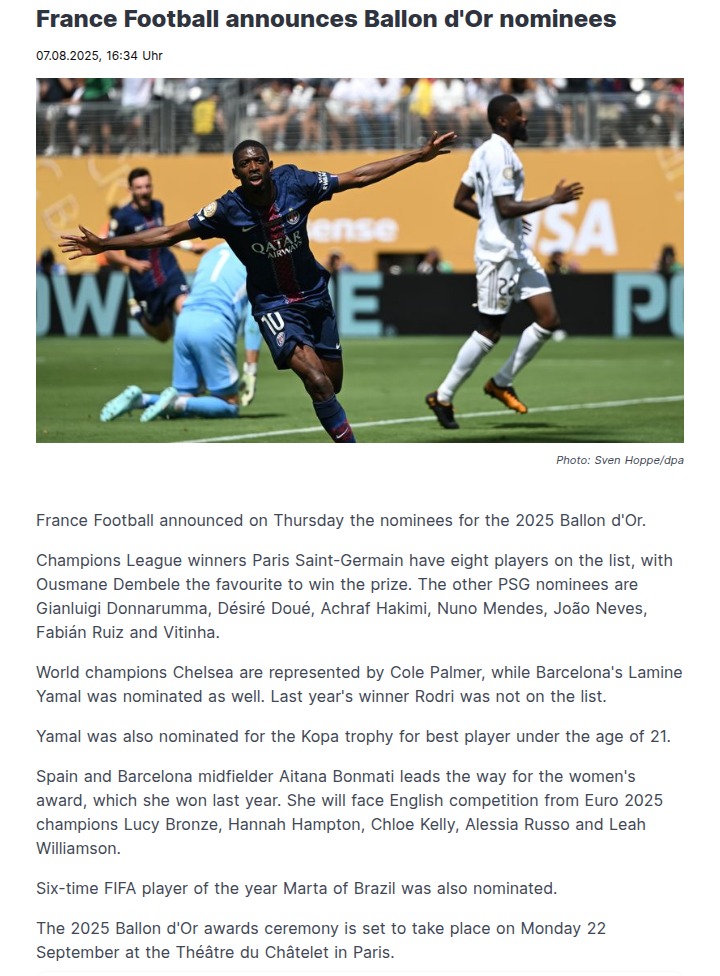 Ballon d'Or 2025: PSG’s Dembele Leads the Pack