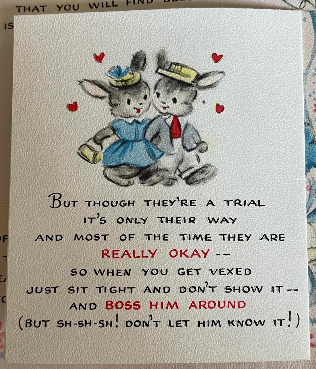 Great grandma’s wedding cards super cute as well as super sexism (1952, USA)
