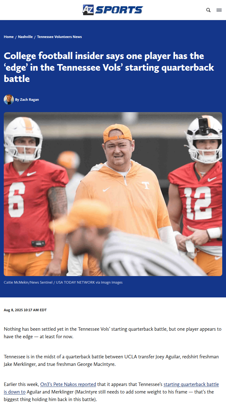 Tennessee’s QB race heats up: Aguilar leads