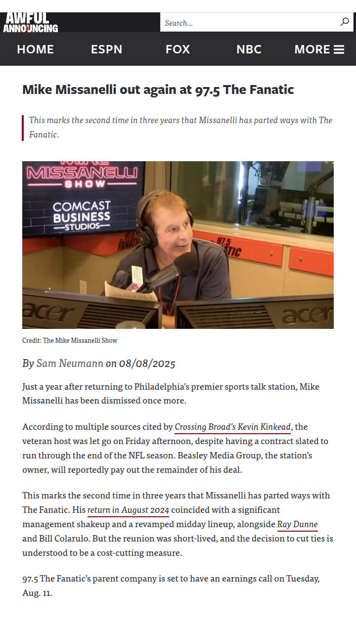 Mike Missanelli’s quick Philly radio exit