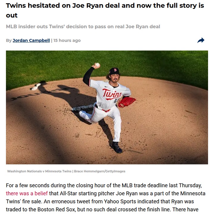 Twins Freeze Up on Joe Ryan Trade Rumors