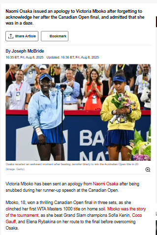 Osaka’s Apology to Mboko Sparks Debate