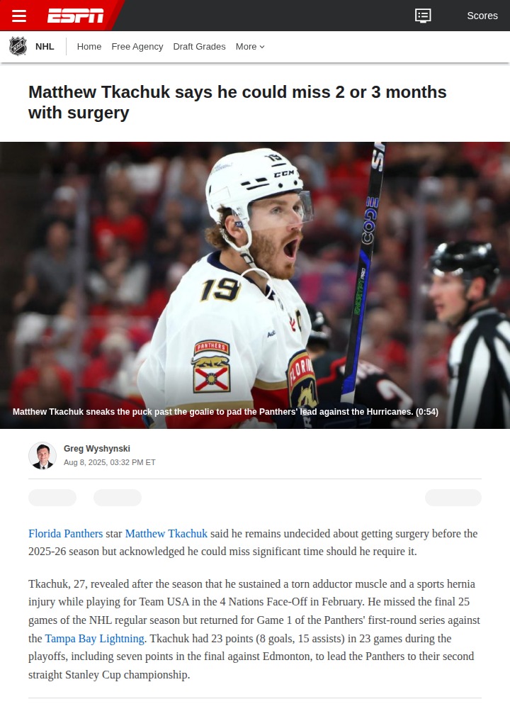 Panthers’ Tkachuk faces tough surgery decision