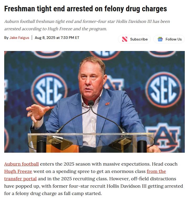Auburn football rocked by third player arrest