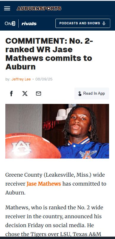 Auburn Lands No. 2 WR Jase Mathews!