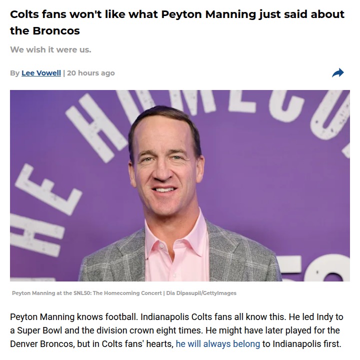 Peyton Manning’s Broncos praise stings Colts fans