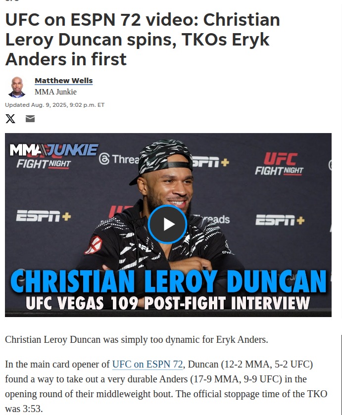 Duncan’s Spin Shocks Anders at UFC on ESPN 72
