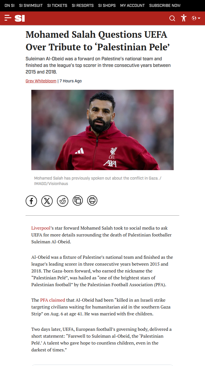 Salah Calls Out UEFA on ‘Palestinian Pelé’ Tribute