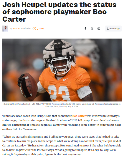 Boo Carter’s return energizes Tennessee fall camp